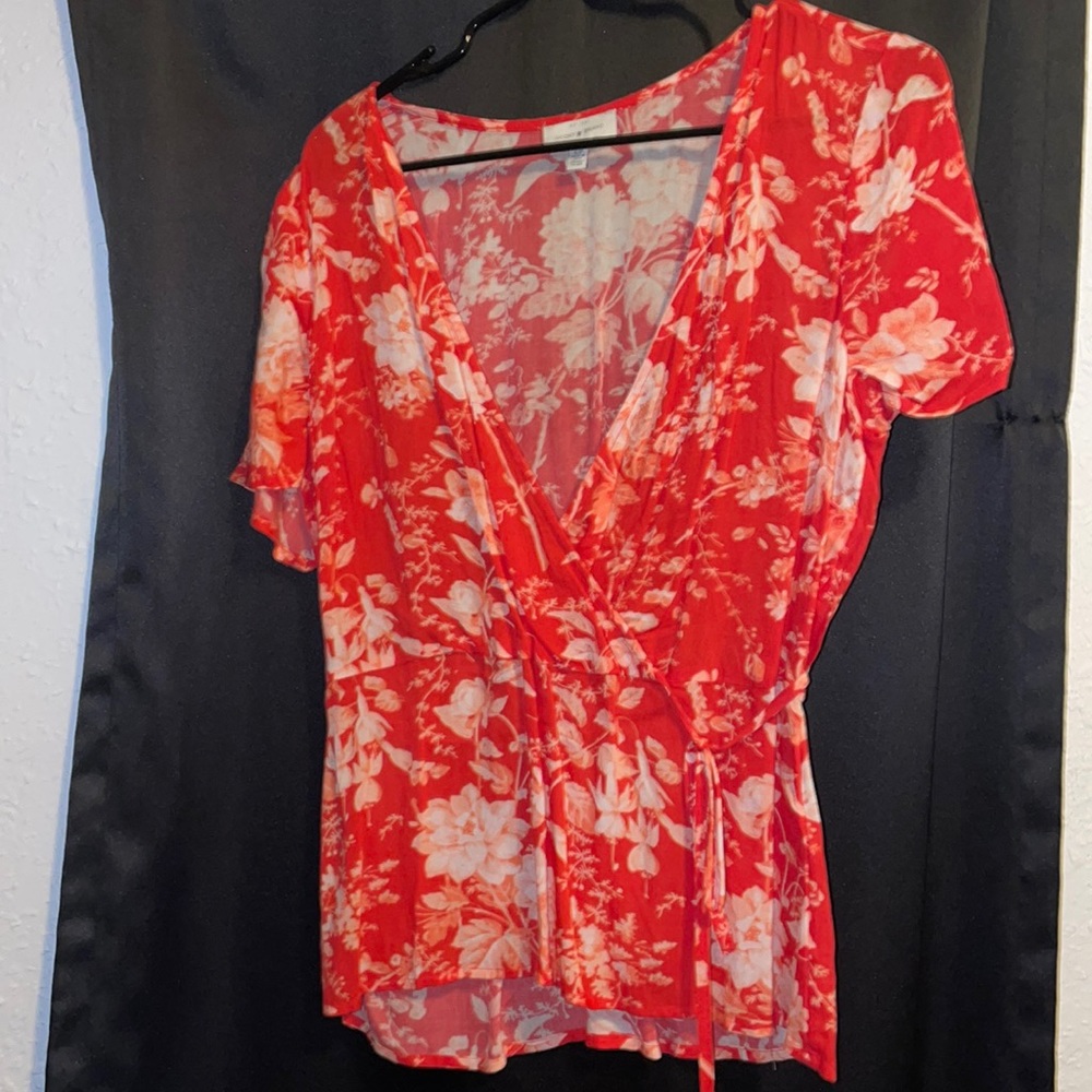 Lucky Brand Red Floral Wrap Blouse